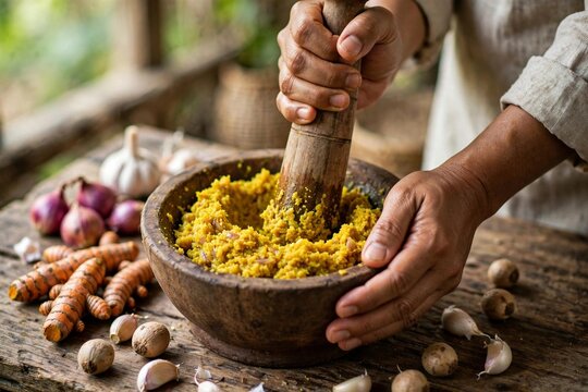Traditional Indonesian yellow spice paste bumbu kuning being ground in wooden mortar and pestle cobek with turmeric shallots garlic and candlenut on rustic wooden table