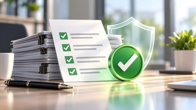 Business document checklist with green 3D checkmark and protective shield icon on a desk, representing quality assurance, insurance policy, and data security compliance in a modern office environment.