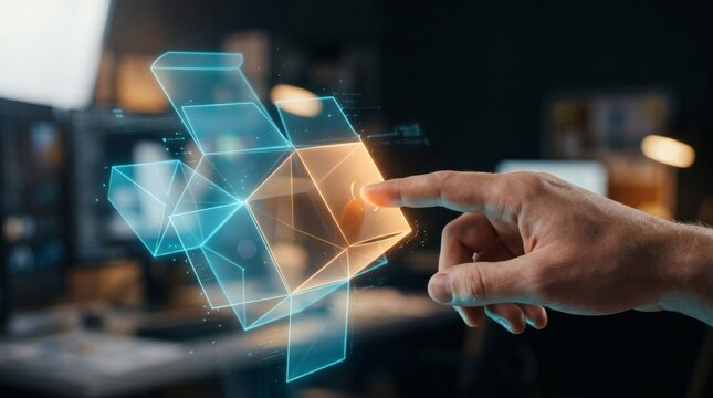 Futuristic digital logistics concept showing a human hand interacting with a glowing holographic 3D box model for smart packaging and supply chain innovation.