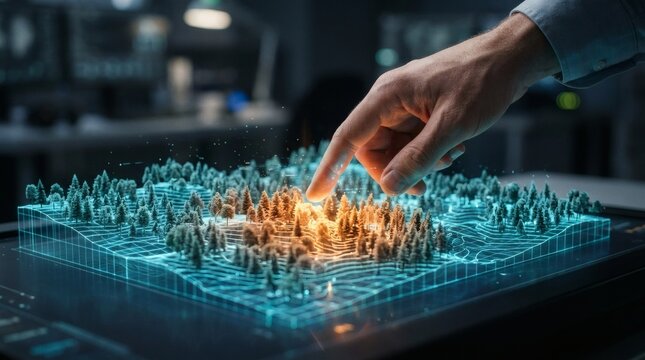 Man's hand interacting with a digital 3D holographic forest map on a high-tech screen, symbolizing advanced environmental monitoring, sustainable technology, and ecosystem conservation research.