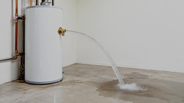 Water heater pressure relief valve shooting a stream of water onto a concrete floor