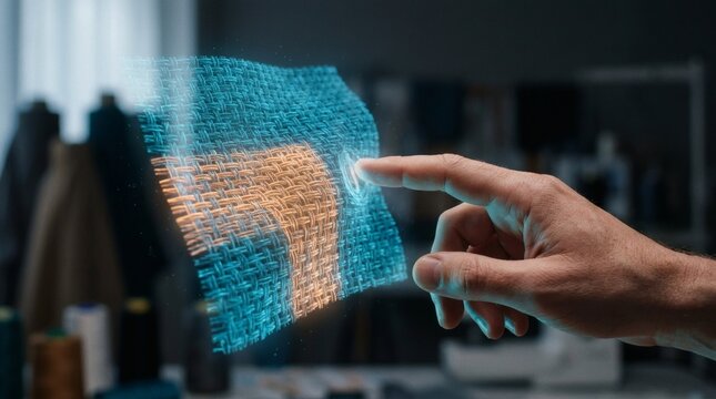 Close-up of a hand touching a futuristic holographic textile weave, illustrating smart fabric technology, digital fashion innovation, and advanced material science.