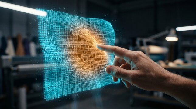 Engineer interacting with a futuristic holographic smart fabric mesh interface in a high-tech textile manufacturing facility or research laboratory.