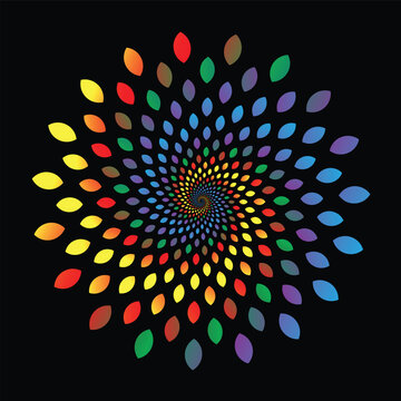 Multicolored leaf-shaped elements form a vibrant spiral vortex on a black background, creating a kaleidoscopic geometric pattern with vivid gradients and optical depth.