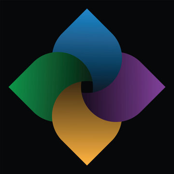 Four overlapping geometric shapes in blue, green, purple, and gold create a balanced abstract composition with smooth curves, gradient shading, and a minimalist black background.