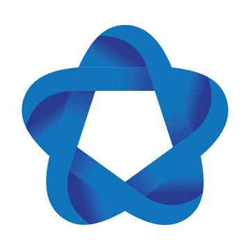Smooth blue geometric ribbons intertwine to form a sculptural five-sided knot with subtle gradient shading, overlapping curves, and a clean minimalist white background.