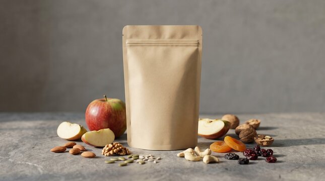 Minimalist product photography of a blank beige stand-up pouch surrounded by fresh apples, nuts, seeds, and dried fruits, soft natural sunlight, muted gray background.