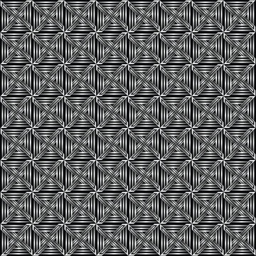 Repeating metallic silver and black geometric motifs create an intricate symmetrical pattern with optical depth, linear contrasts, and a bold contemporary textile aesthetic.