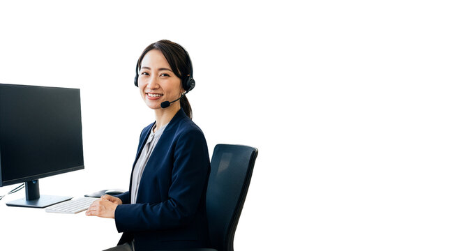 パソコン席で応対する日本人女性オペレーターの背景透過素材