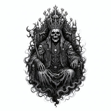 Gothic Skeleton King with Bone Crown Tattoo Design