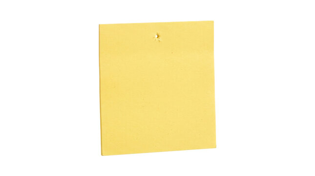 Sticky note, single yellow sticky note with square shape, matte paper texture and one small puncture point near the top, photorealistic product photography, front three-quarter view, razor-sharp
