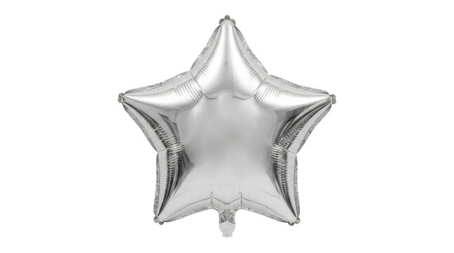 Silver star foil balloon, photorealistic inflated five-point party balloon with shiny metallic foil, soft rounded seams and highly reflective surface. Straight-on front view, tack-sharp reflective