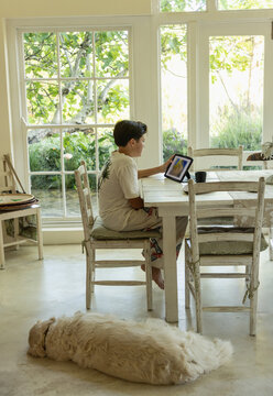 13 year old boy sitting at table in light filled room, using tablet computer early morning