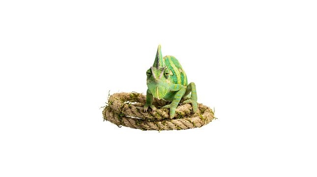 Green veiled chameleon sitting on a coiled rustic rope isolated on a