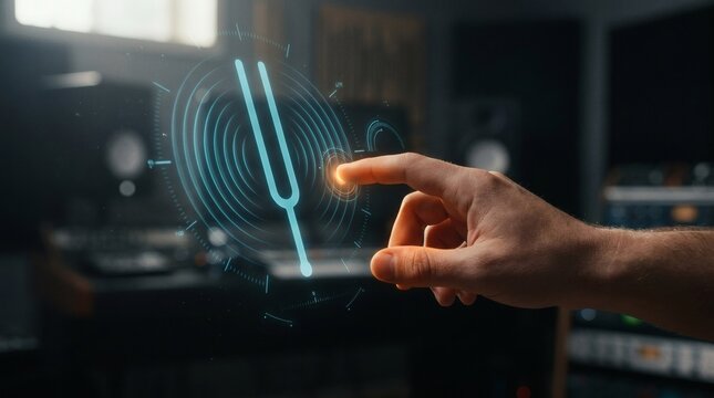 Futuristic digital audio interface with holographic tuning fork in music recording studio, sound engineering technology concept