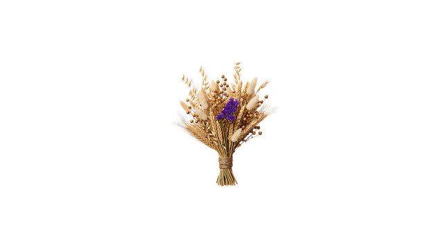 Dried flower bouquet with wheat and purple statice isolated on