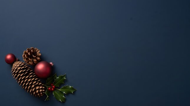 Festive christmas arrangement with pinecones berries and greenery on navy