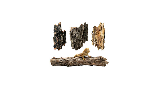 Bearded dragon lizard sitting on a wooden log with tree bark pieces