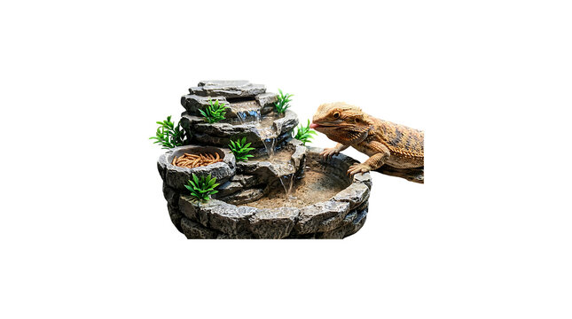 Bearded dragon lizard drinking water from a decorative rock fountain