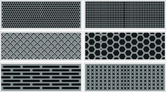 Industrial metallic perforated grille texture set with mesh vents steel honeycombs and iron fences seamless geometric vector backgrounds