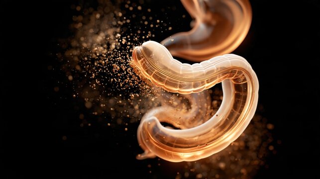 Translucent stomach and intestinal forms glowing amber against a black background