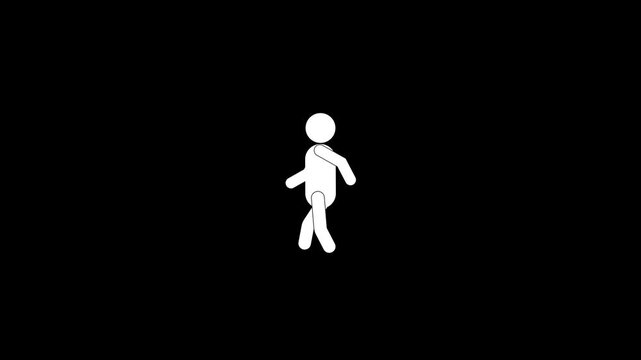 Walking stick figure animation loop on black background