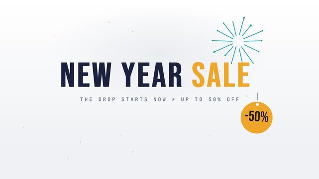New Year Sale animation with dropping text and bursting colorful fireworks graphic showing up to fifty percent discount for upcoming holiday shopping commercial winter event marketing