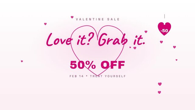 Valentine Day Sale promotion animation with pink heart and fifty percent discount offer typography design for social media advertisement marketing campaign or special holiday promo