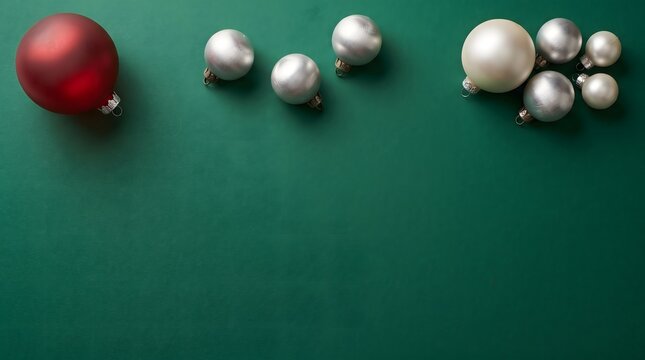 Festive christmas ornaments scattered on a deep emerald green background