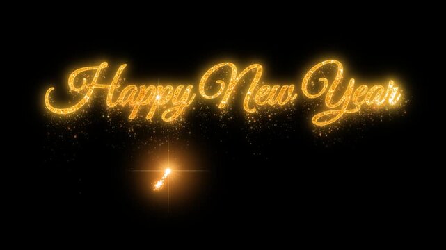 Golden Happy New Year 2027 script appearing through an animated writing reveal. Flowing lettering develops into a luminous festive greeting, with elegant strokes tracing the celebratory message.