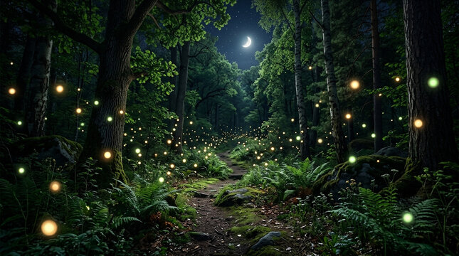 A magical forest path illuminated by many glowing fireflies under a crescent moon at night