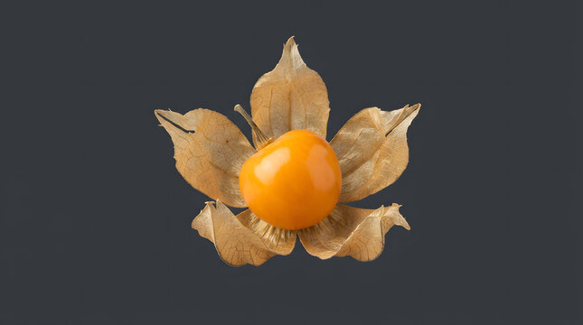 A vibrant golden physalis fruit with delicate papery husks, presented isolated on transparent background for culinary design and healthy food projects