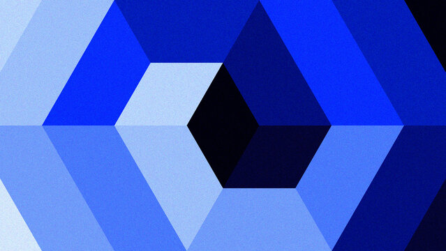 Isometric blue hexagon tunnel with faceted geometric planes, layered polygons in cobalt, navy and pale periwinkle forming 3D depth illusion