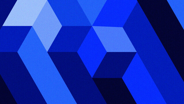 Abstract blue geometric blocks with staggered rhombus planes, angular cubic structure in royal blue, midnight navy and light cornflower shades