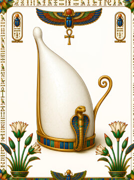 A magnificent ancient Egyptian royal crown featuring the traditional double crown (Pschent) of Upper and Lower Egypt, adorned with intricate gold work, precious lapis lazuli and turquoise inlays, and 