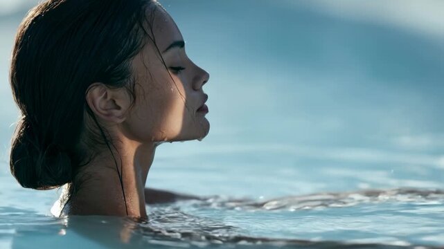 Beautiful female model posing in calm pristine clear water with flawless skin and bright sunlight in a serene calm atmosphere background for a luxury makeup brand photo shoot