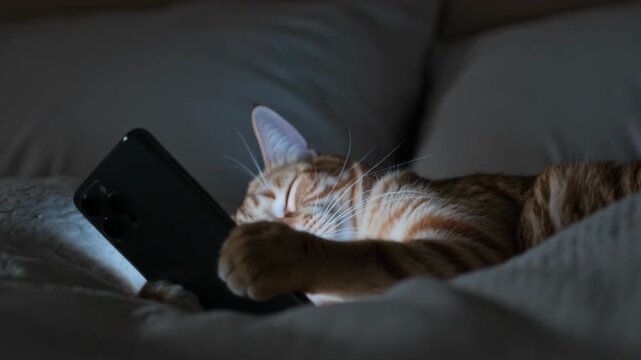 Cute and funny tabby cat addicted to a smartphone and scrolling through it at night with the bright white light shining on his beautiful fur as he lays down on the bed