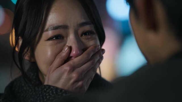 Asian woman crying and happy while covering her mouth in an expression of shock and surprise at a man standing infront of her in a bright city landscape urban colorful neon background at night