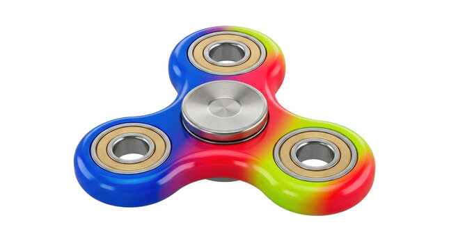 Fidget spinner, photorealistic children's sensory toy, compact three-lobed spinner with central bearing, smooth rounded edges, glossy colorful finish, and symmetrical ergonomic form, centered front