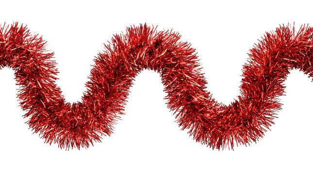 Wavy red holiday tinsel garland with dense metallic strands, vivid festive color and shimmering reflective texture, photorealistic. Flowing horizontal product view, sharp focus, ultra-high-resolution