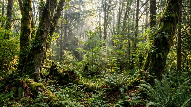  Lush Temperate Rainforest with Mossy Trees and Rich Biodiversity in Nature  reserve.