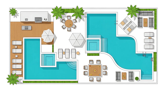 Luxury Pool and Resort Plan Showing Modern Architecture Outdoor Living and Backyard Design for Summer Relaxation