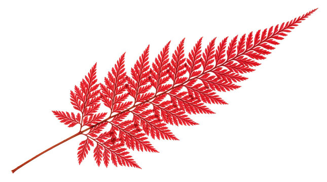 Long delicate red fern leaf with finely divided fronds, elegant tapered shape and rich botanical texture, photorealistic. Slight diagonal macro view, tack-sharp focus, ultra-high-resolution botanical