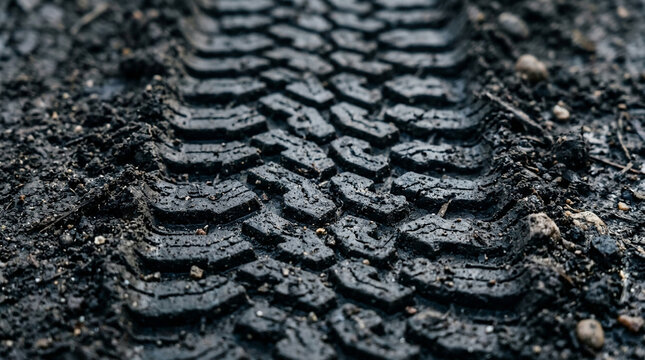 Close up of a bicycle tire track impressed in dark wet mud on the ground showing a textured pattern