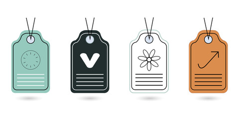 Four colorful hanging price tags isolated on a transparent background © Mahmuda