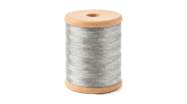 Spool of silver thread with smooth metallic sheen, tightly wound fine filament and elegant reflective craft texture, photorealistic product photography, three-quarter view, crisp focus, ultra-detailed