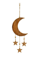 Charming wooden crescent moon ornament with three hanging stars and beads, isolated on a clean white background © no one