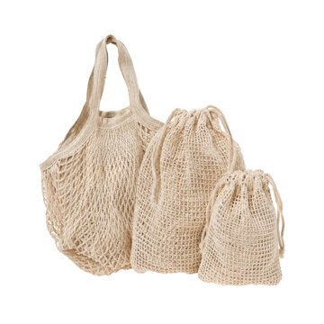 Three natural beige mesh bags, including one large string shopping bag and two smaller drawstring produce bags, are neatly arranged on a clean white background