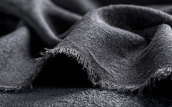 Textile design and fashion industry concept, dark grey denim fabric swatch with frayed edges and natural folds on a minimalist matte background