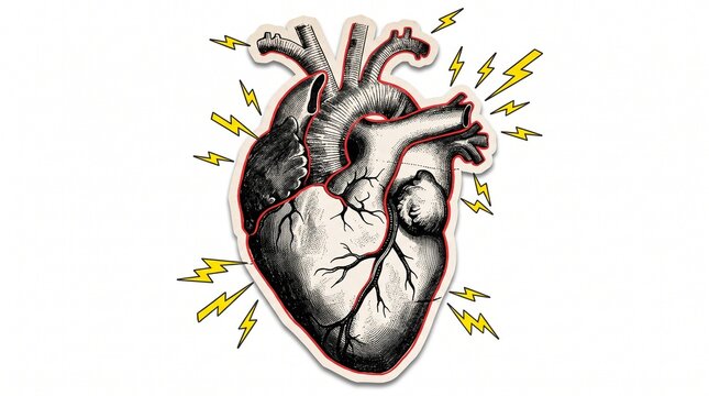 Anatomical human heart illustration with yellow lightning bolts as a creative sticker